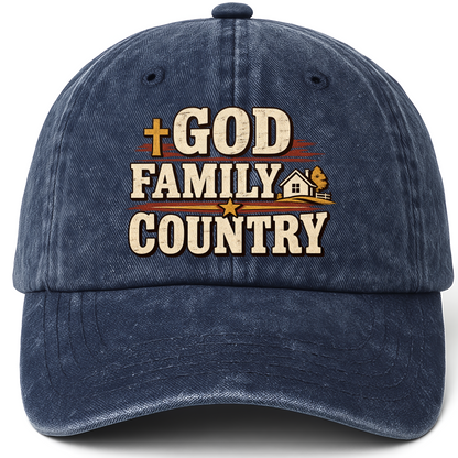 Navy vintage washed cap with God Family Country printed front design