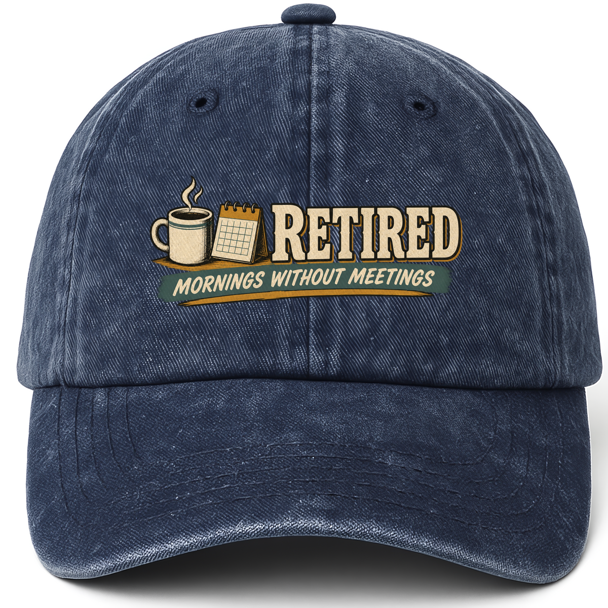 Navy vintage washed cap with Mornings Without Meetings printed front design