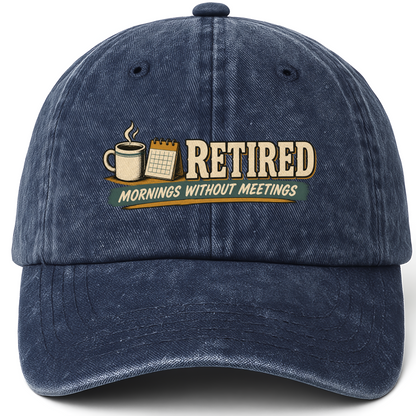 Navy vintage washed cap with Mornings Without Meetings printed front design