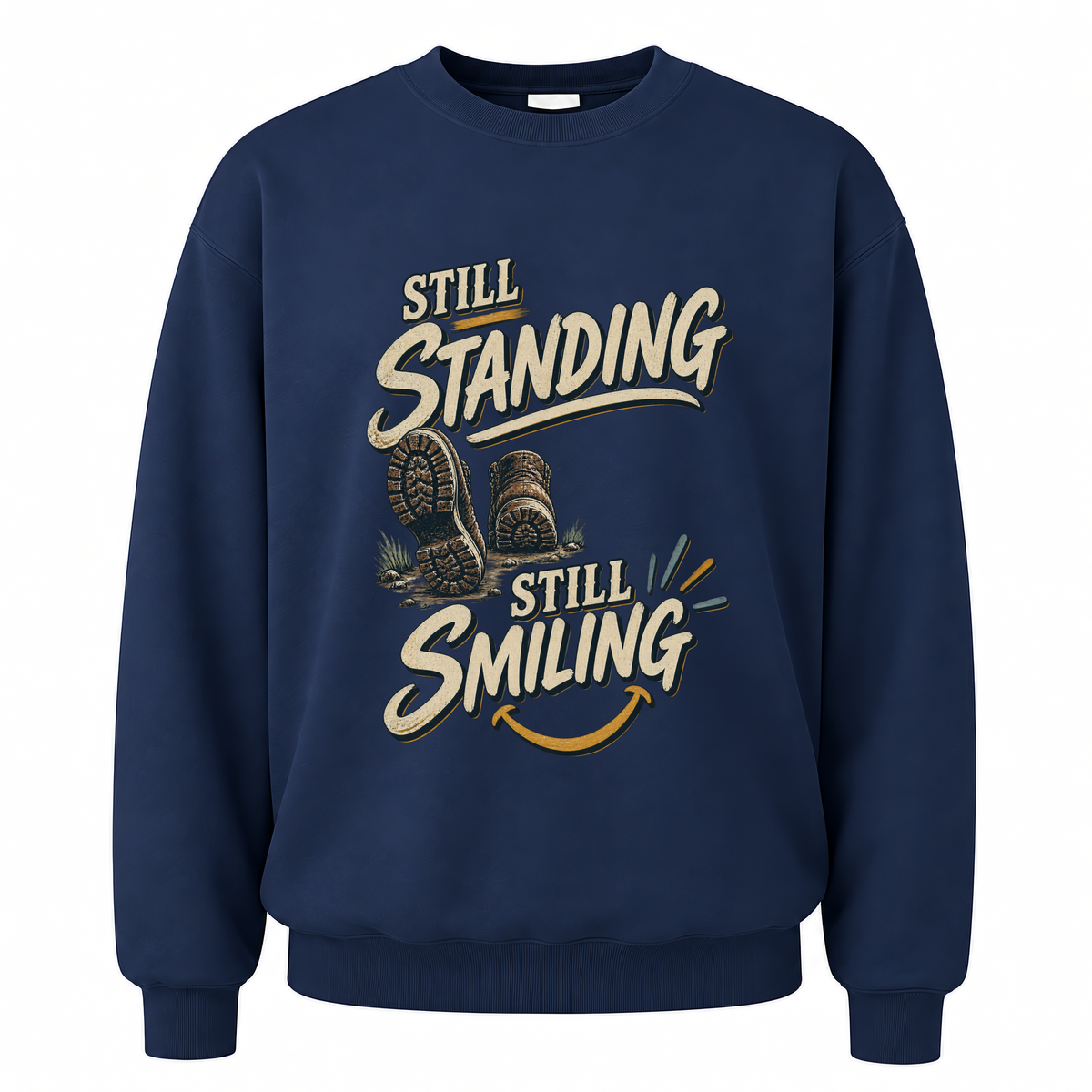 Navy vintage sweatshirt with Still Standing Still Smiling printed front design