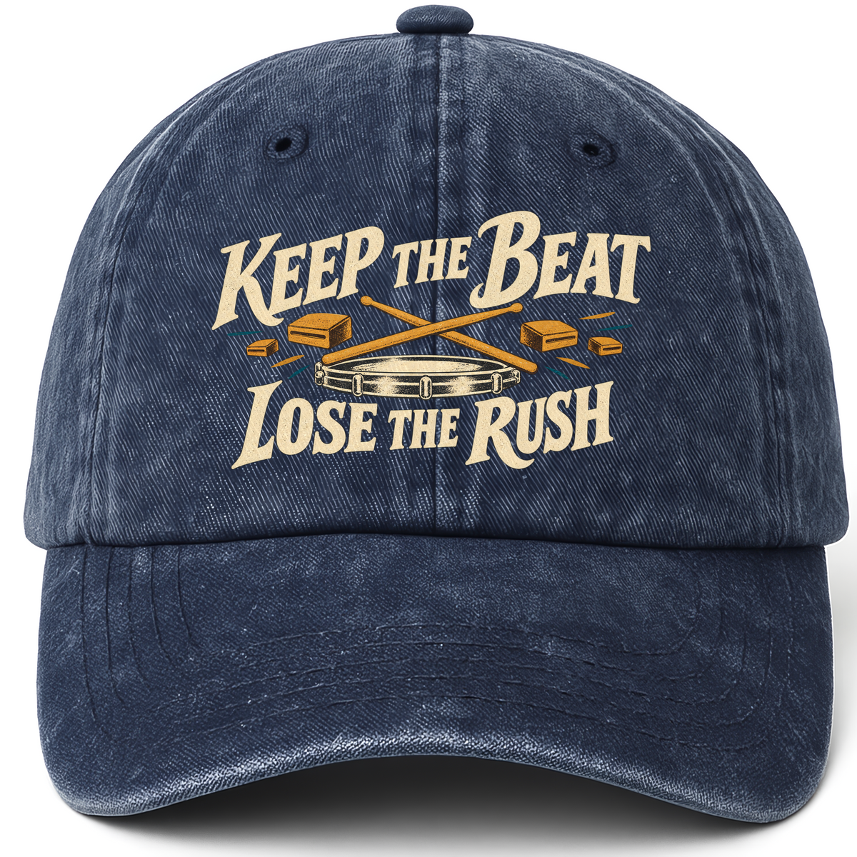 Navy vintage washed cap with Keep The Beat. Lose The Rush printed front design