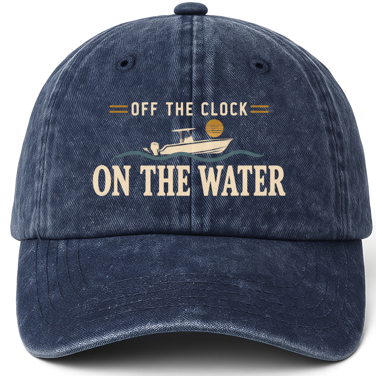 Navy vintage washed cap with Off The Clock On The Water printed front design