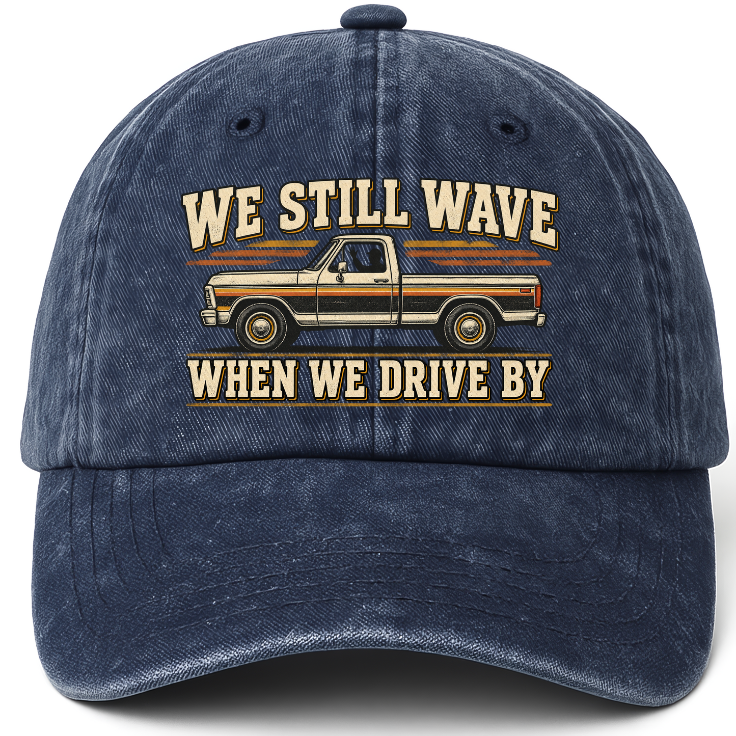 Navy vintage washed cap with We Still Wave When We Drive By printed front design