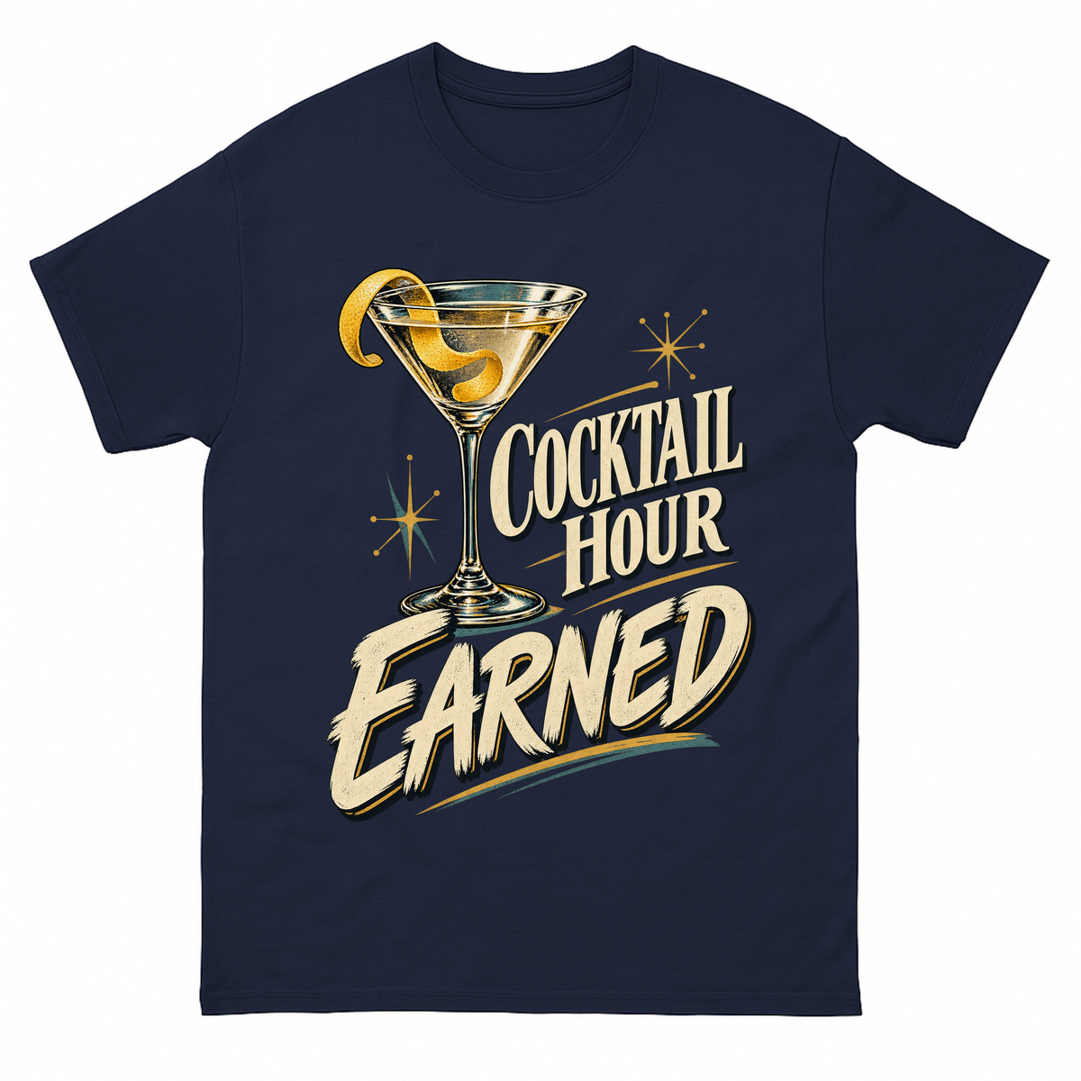 Navy vintage t-shirt with Cocktail Hour Earned printed front design