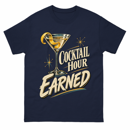 Navy vintage t-shirt with Cocktail Hour Earned printed front design