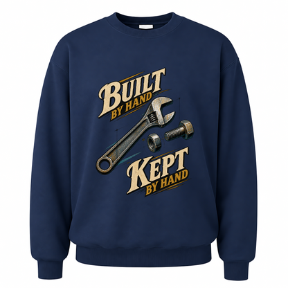 Navy vintage sweatshirt with Build By Hand. Keep It By Hand printed front design