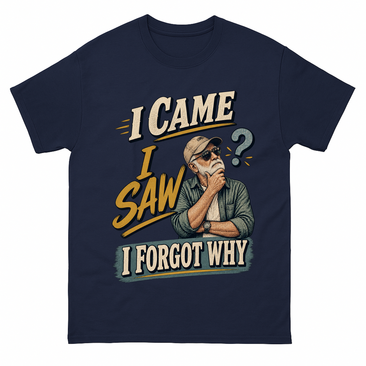 Navy vintage t-shirt with I Came I Saw I Forgot Why printed front design