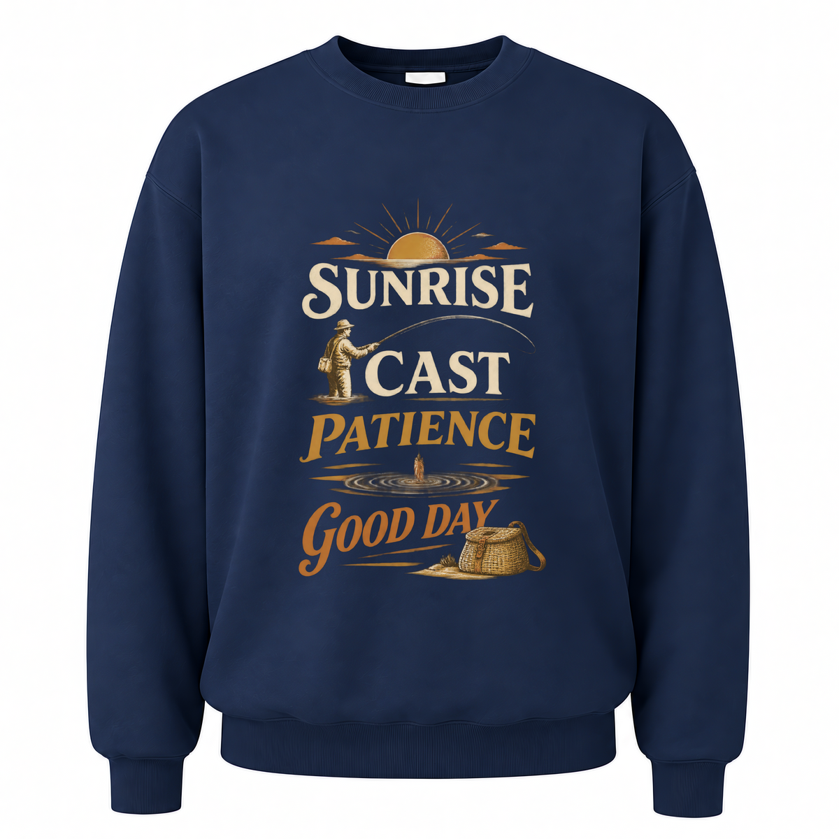 Navy vintage sweatshirt with Sunrise • Cast • Patience. Good Day printed front design