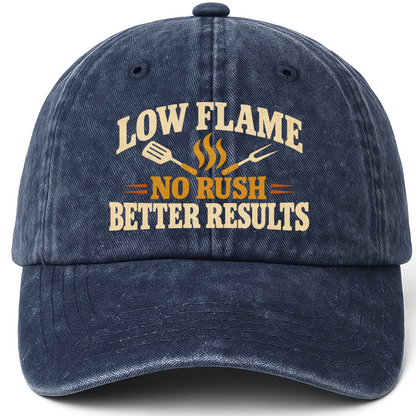 Navy vintage washed cap with Low Flame. No Rush Better Results printed front design