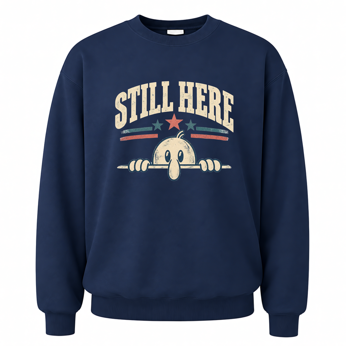 Navy vintage sweatshirt with Still Here printed front design