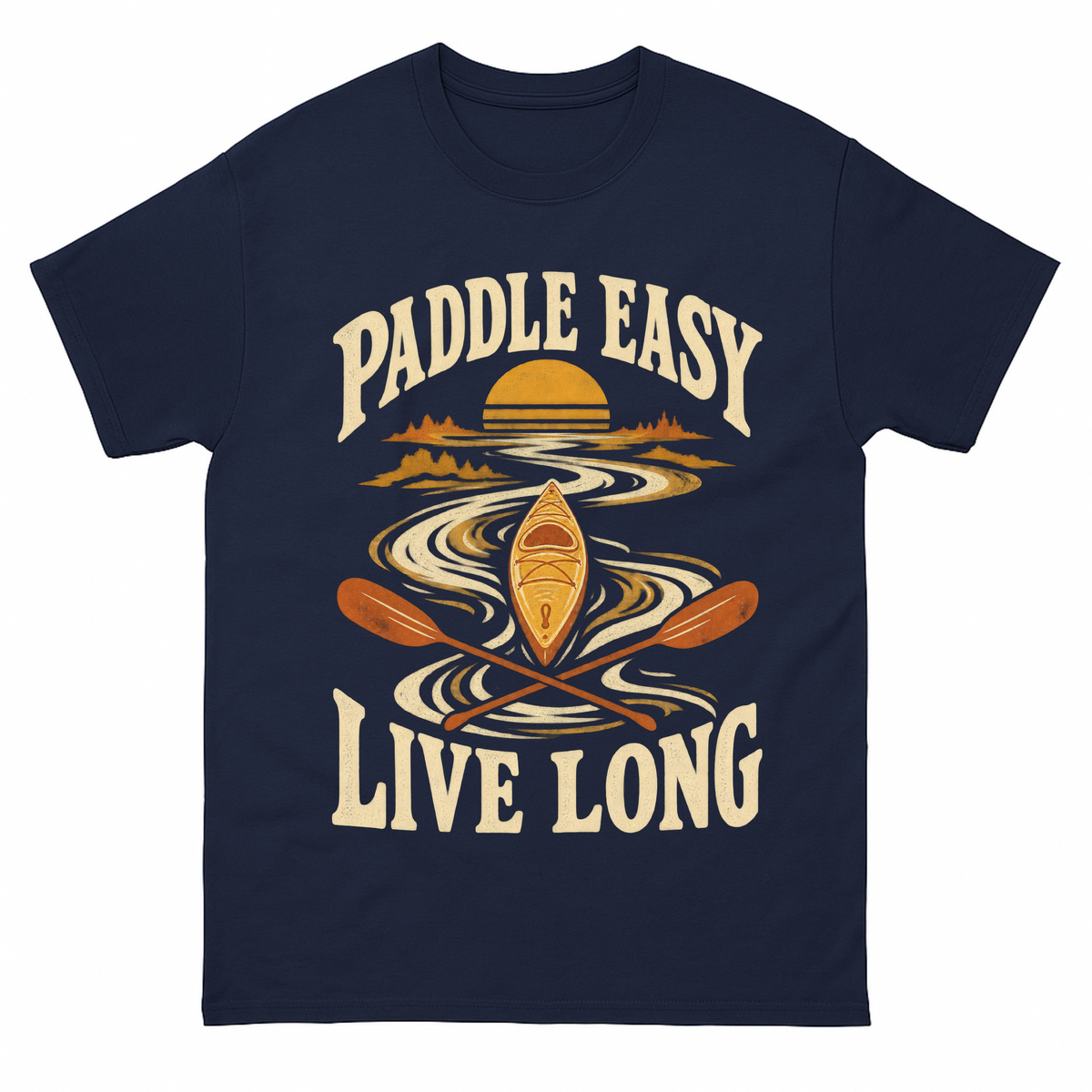 Navy vintage t-shirt with Paddle Easy Live Long printed front design