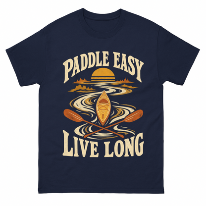 Navy vintage t-shirt with Paddle Easy Live Long printed front design
