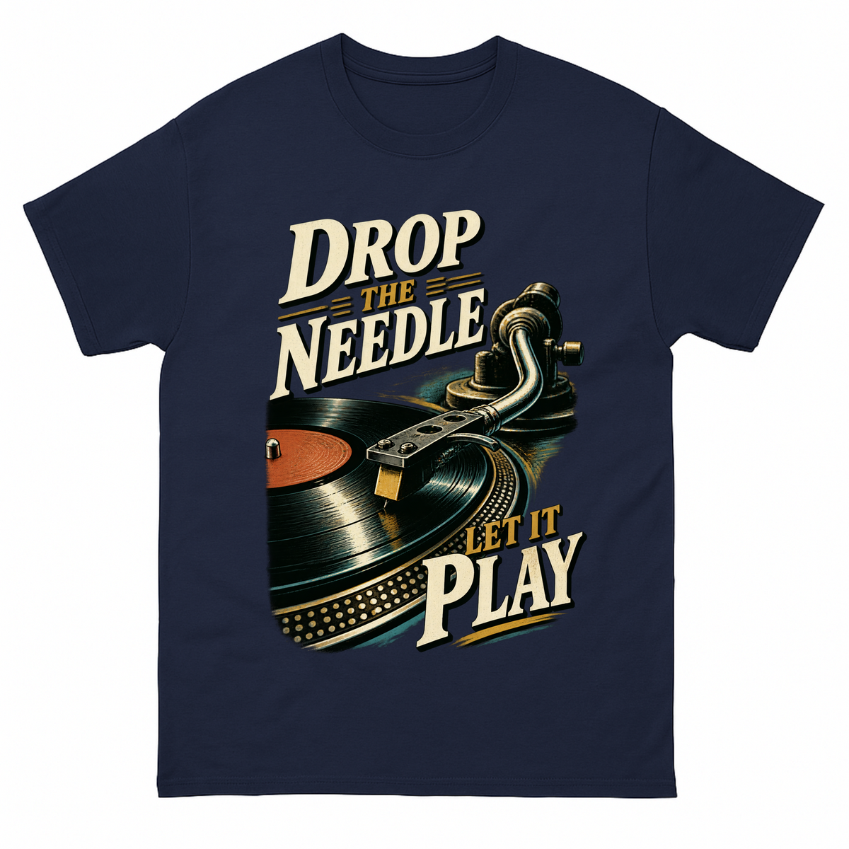 Navy vintage t-shirt with Drop The Needle. Let It Play printed front design