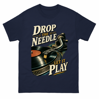 Navy vintage t-shirt with Drop The Needle. Let It Play printed front design
