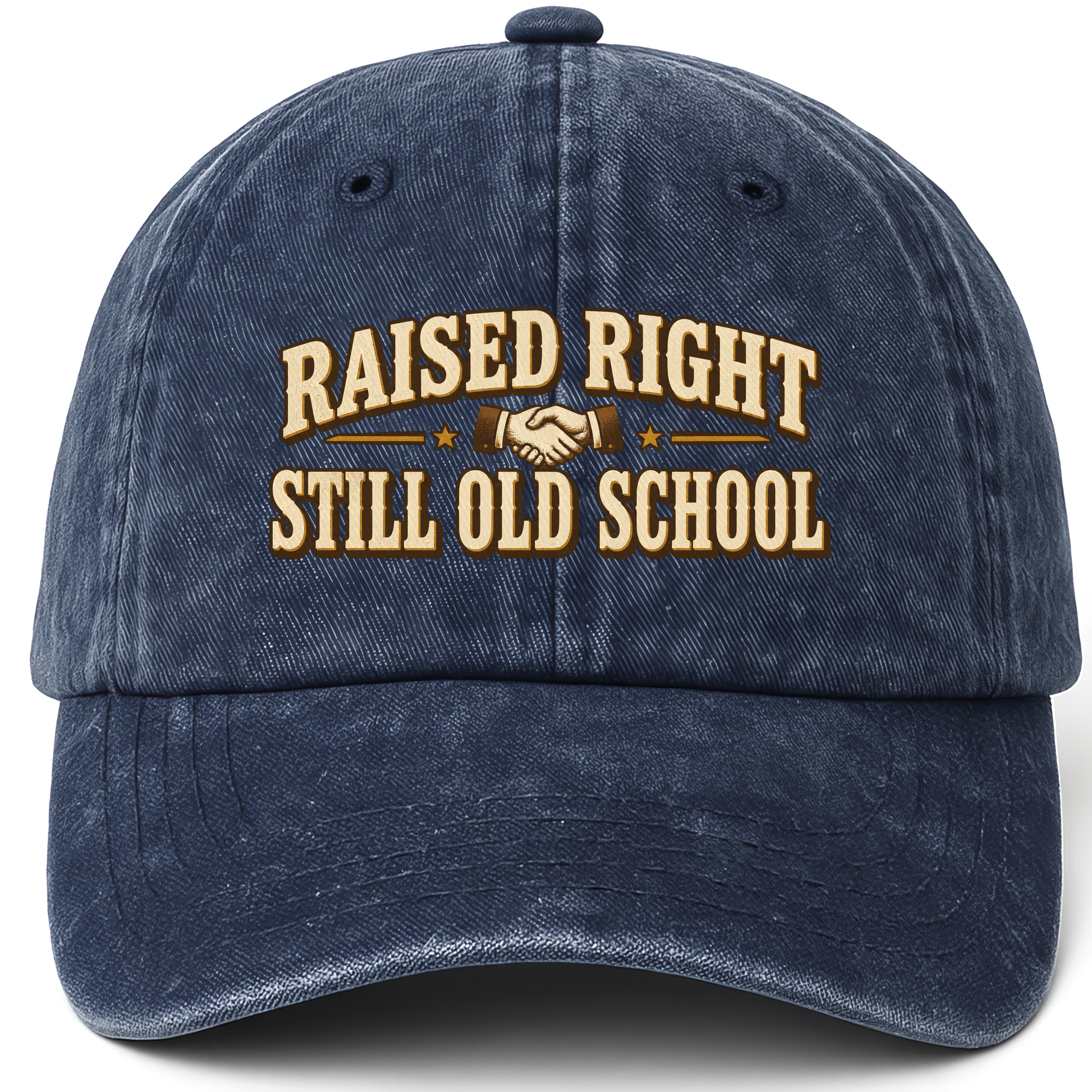 Navy vintage washed cap with Raised Right Still Old School printed front design