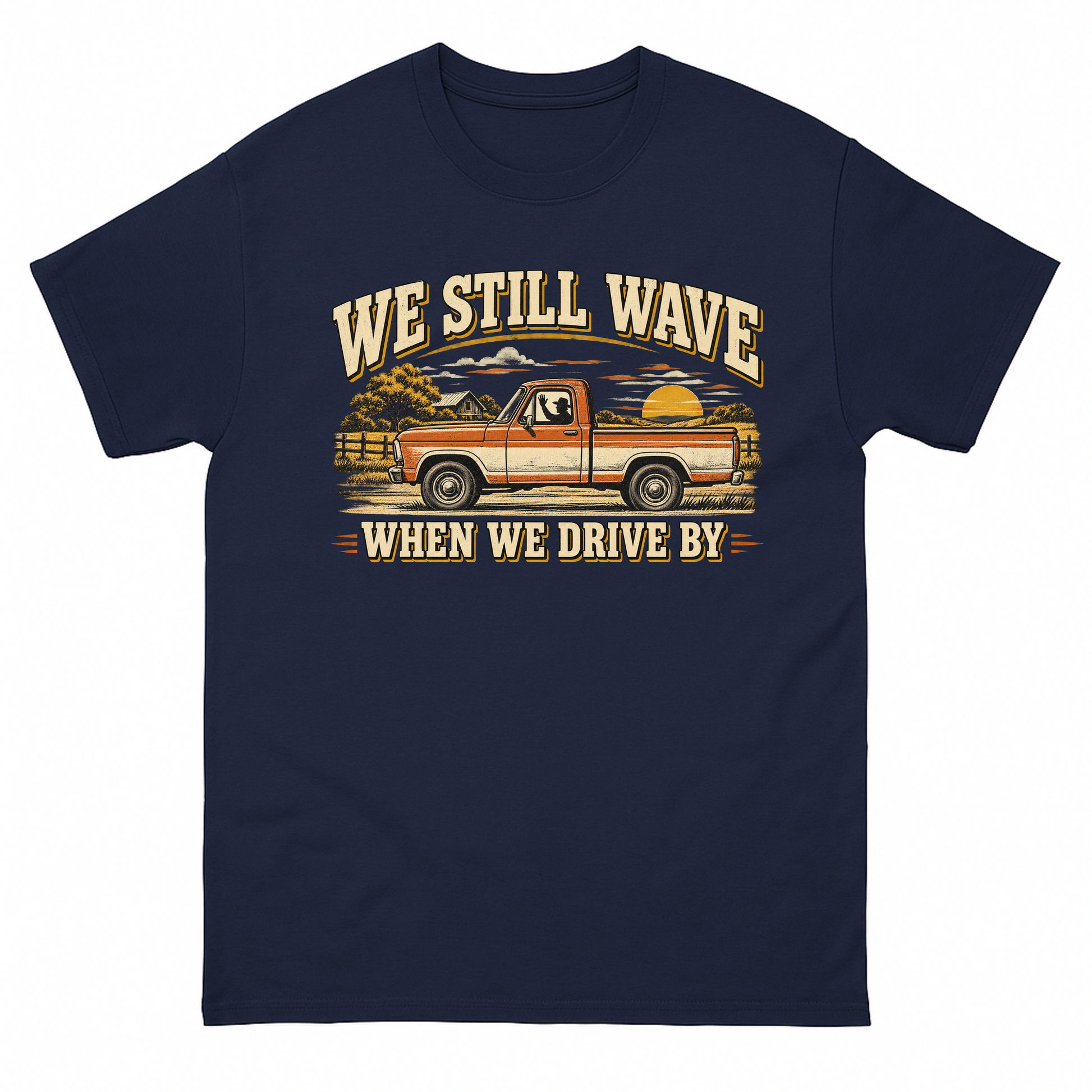 Navy vintage t-shirt with We Still Wave When We Drive By printed front design