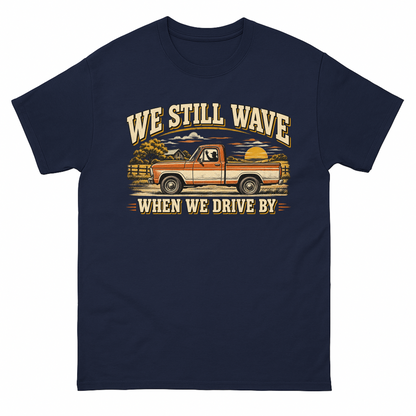 Navy vintage t-shirt with We Still Wave When We Drive By printed front design
