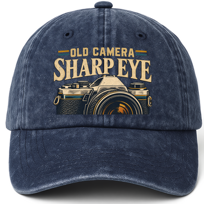 Navy vintage washed cap with Old Camera. Sharp Eye printed front design