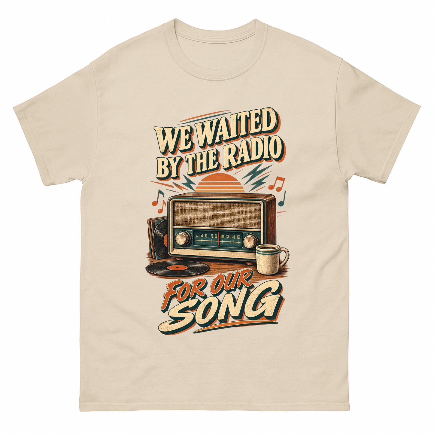 Sand vintage t-shirt with We Waited By The Radio For Our Song printed front design