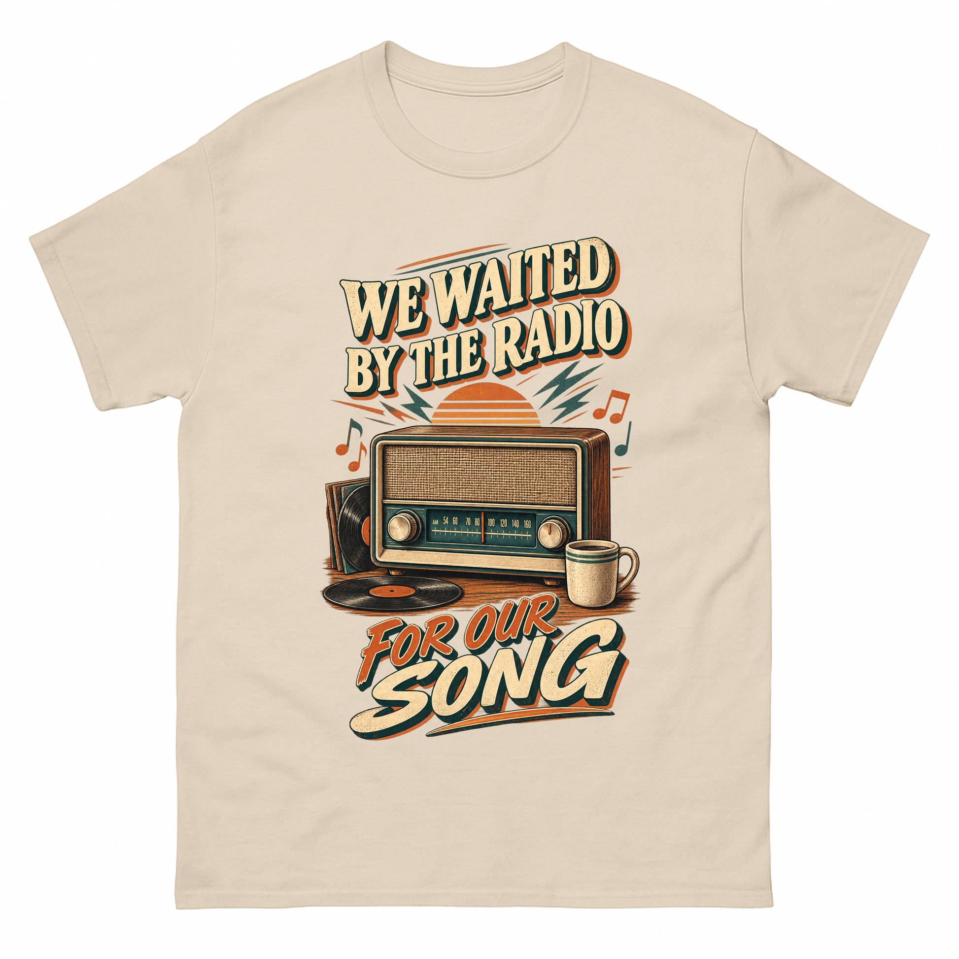 Sand vintage t-shirt with We Waited By The Radio For Our Song printed front design