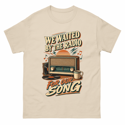Sand vintage t-shirt with We Waited By The Radio For Our Song printed front design