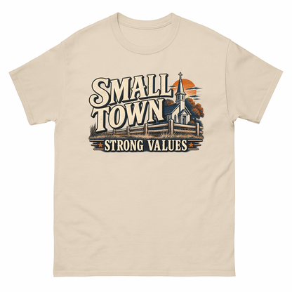 Sand vintage t-shirt with Small Town Strong Values printed front design