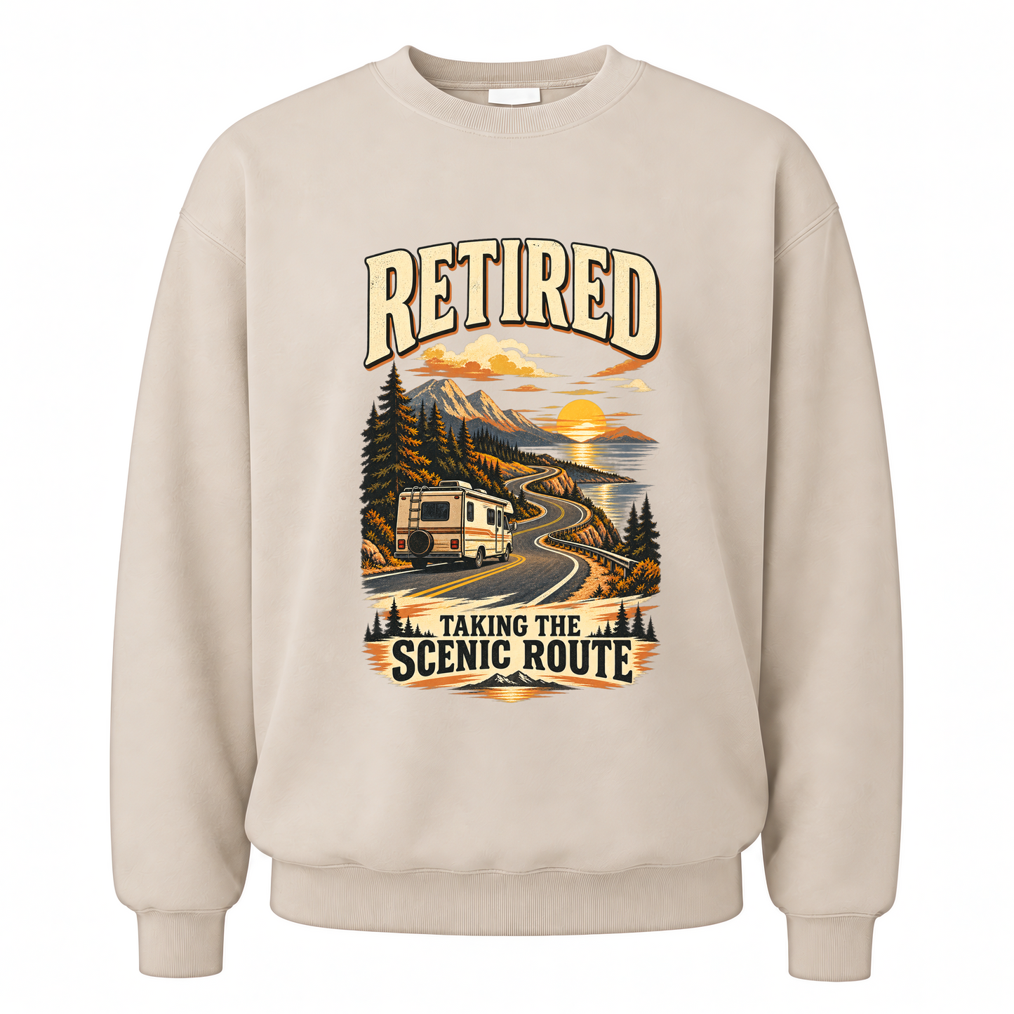 Sand vintage sweatshirt with Retired Taking The Scenic Route printed front design
