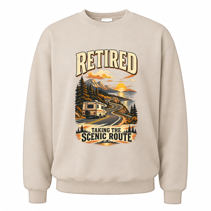 Sand vintage sweatshirt with Retired Taking The Scenic Route printed front design