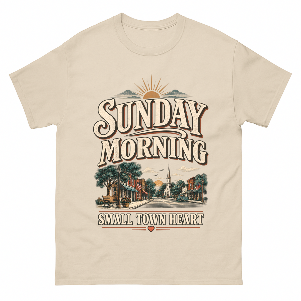 Sand vintage t-shirt with Sunday Morning Small Town Heart printed front design