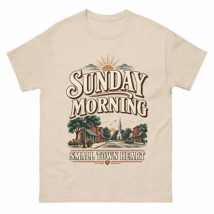 Sand vintage t-shirt with Sunday Morning Small Town Heart printed front design