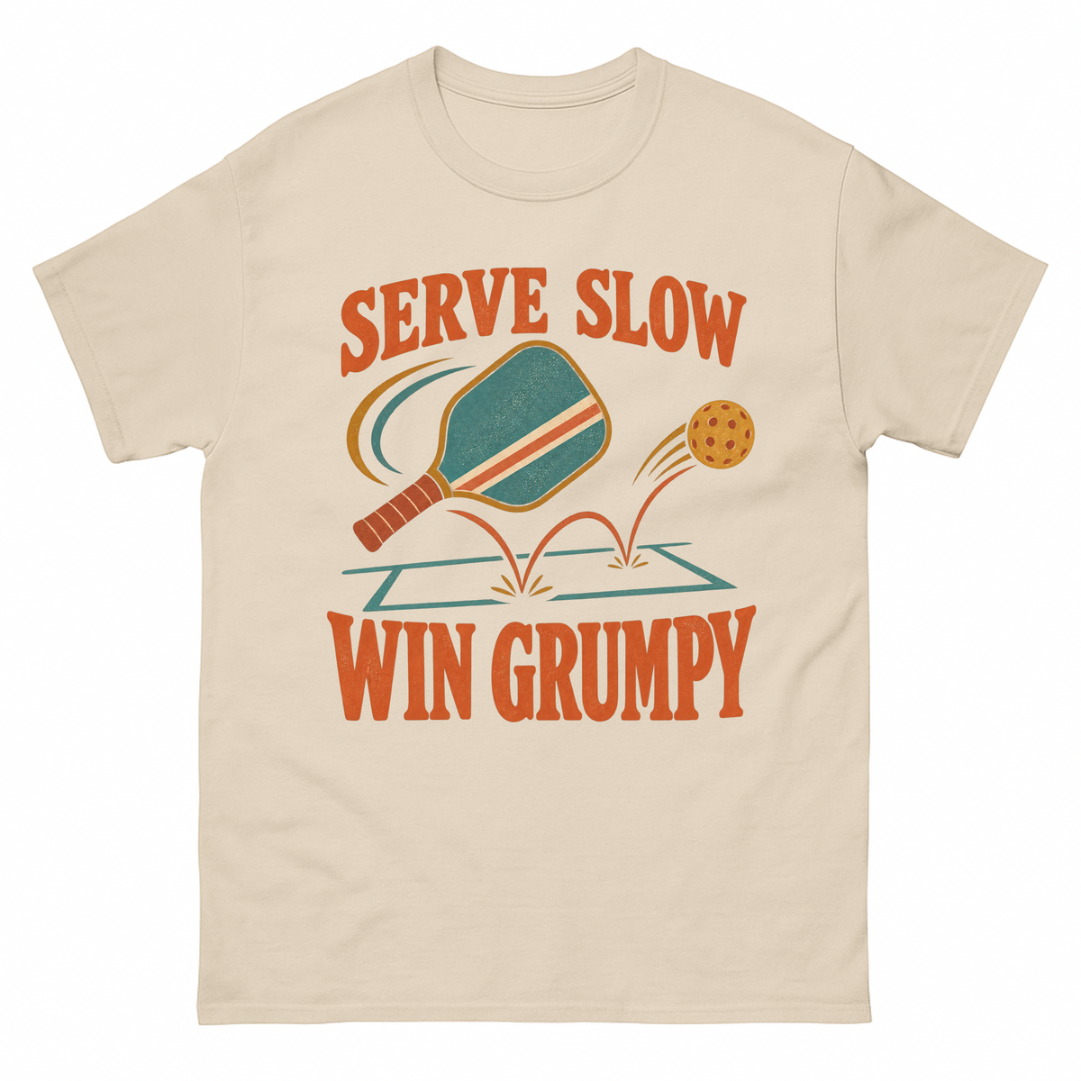 Sand vintage t-shirt with Serve Slow Win Grumpy printed front design