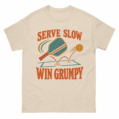 Sand vintage t-shirt with Serve Slow Win Grumpy printed front design