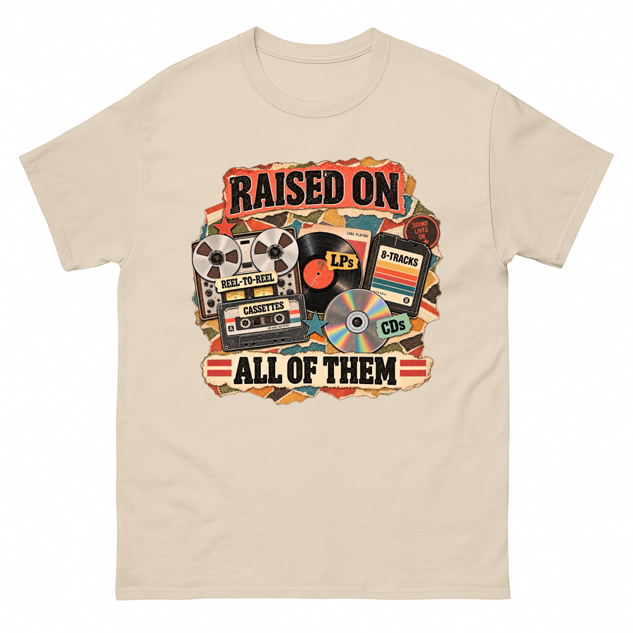 Sand vintage t-shirt with Raised On All Of Them printed front design