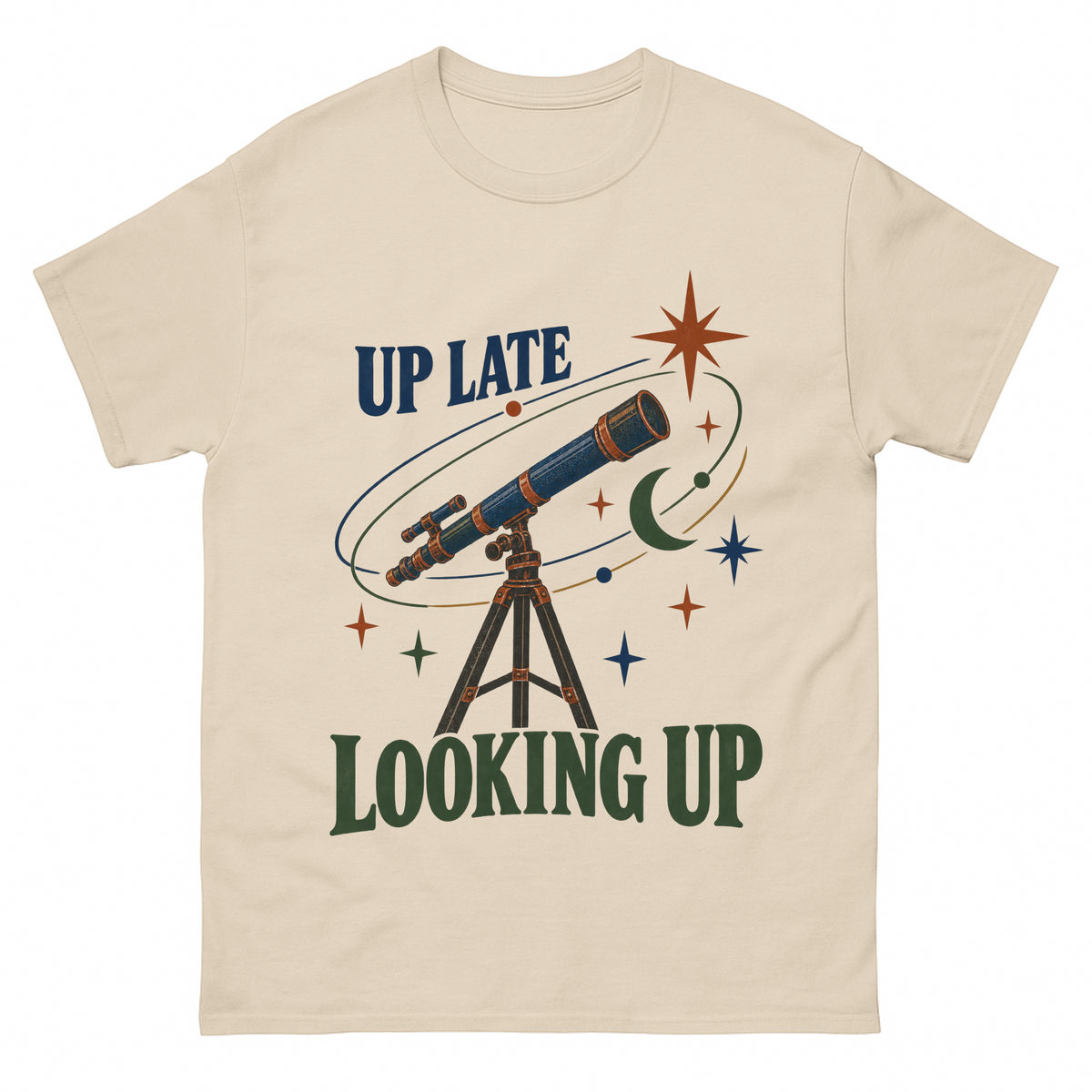 Sand vintage t-shirt with Up Late Looking Up printed front design