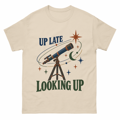 Sand vintage t-shirt with Up Late Looking Up printed front design