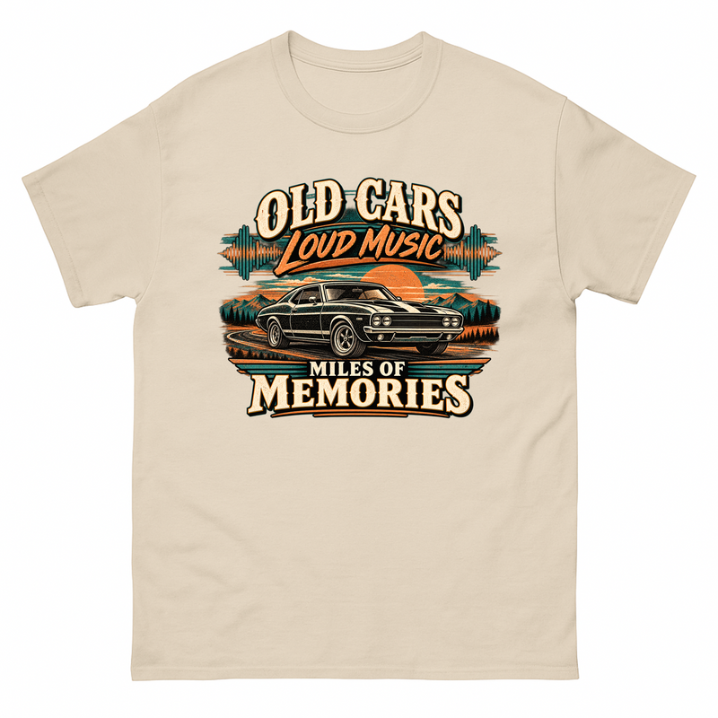 Sand vintage t-shirt with Old Cars. Loud Music. Miles Of Memories printed front design