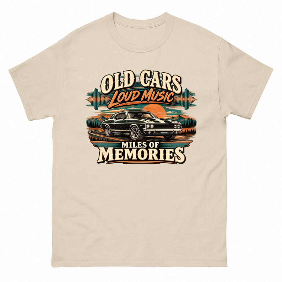 Sand vintage t-shirt with Old Cars. Loud Music. Miles Of Memories printed front design
