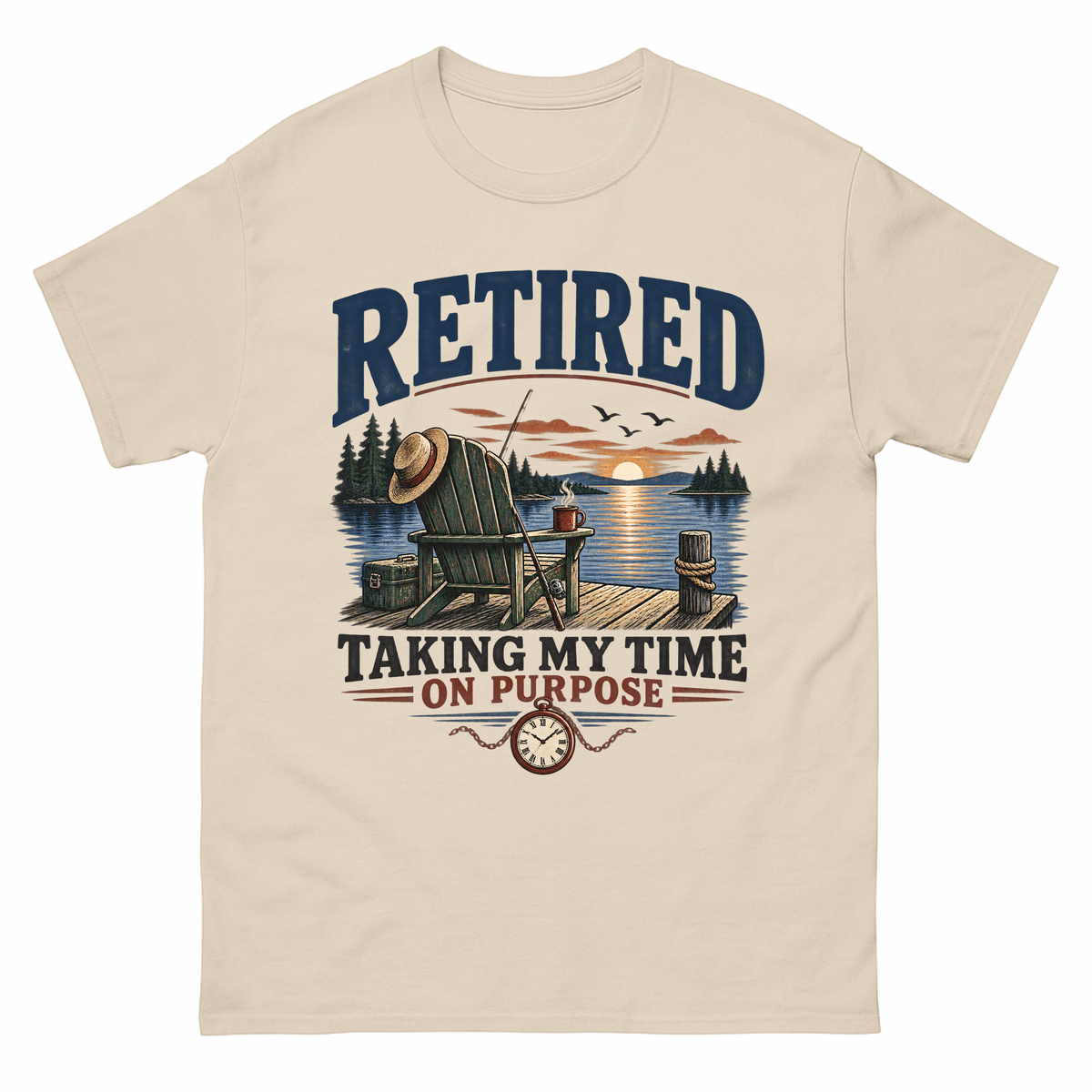 Sand vintage t-shirt with Retired Taking My Time On Purpose Taking My Time On Purpose printed front design