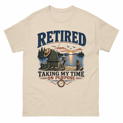 Sand vintage t-shirt with Retired Taking My Time On Purpose Taking My Time On Purpose printed front design