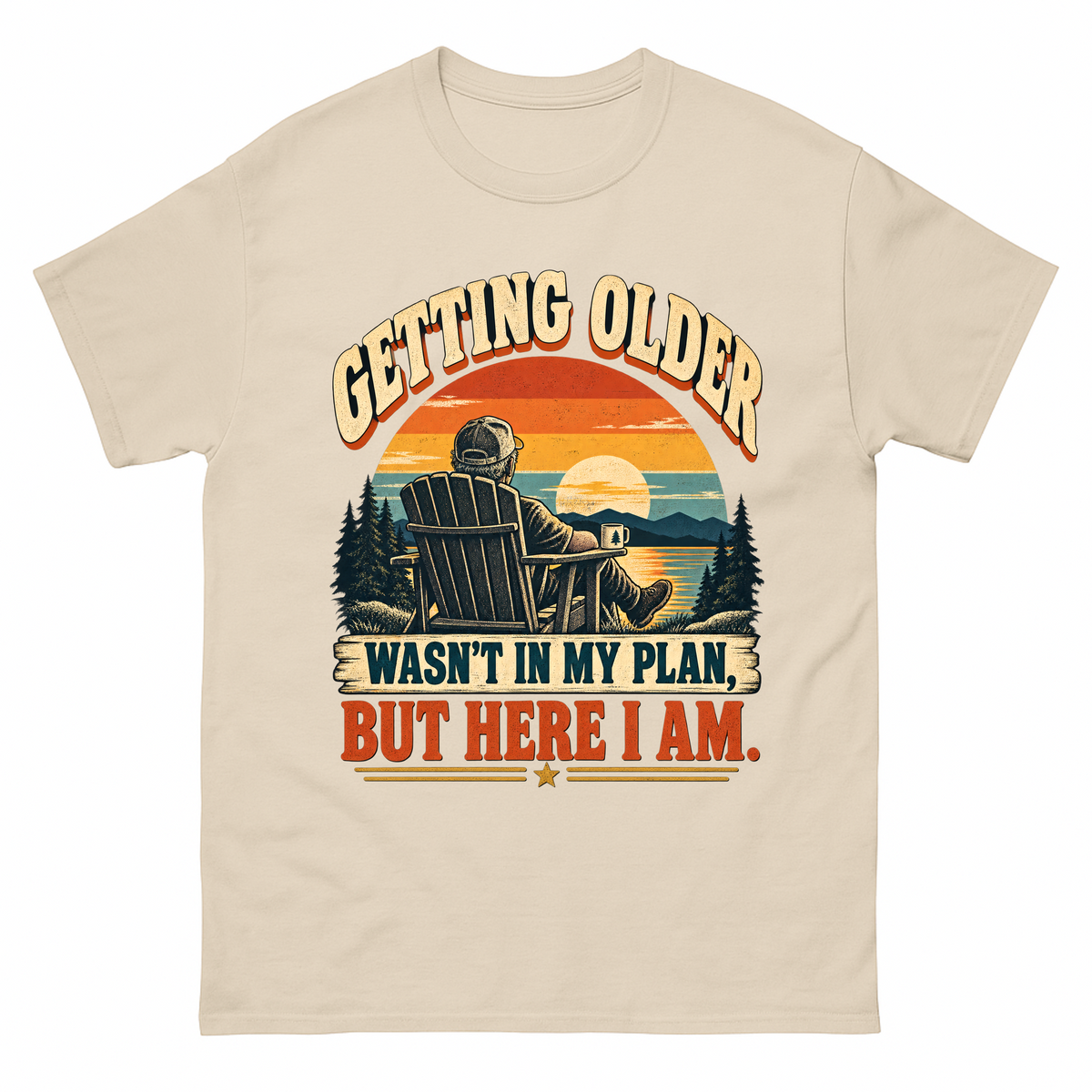 Cream T-shirt with Getting Older sunset retirement design printed on front
