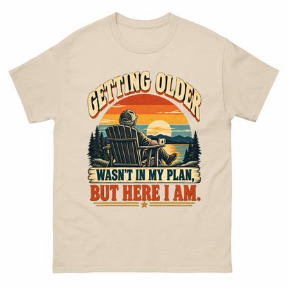 Cream T-shirt with Getting Older sunset retirement design printed on front