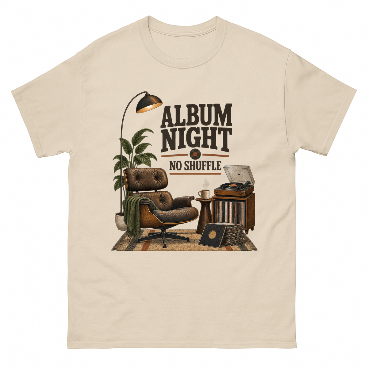 Sand vintage t-shirt with Album Night. No Shuffle printed front design