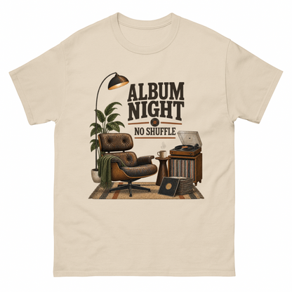 Sand vintage t-shirt with Album Night. No Shuffle printed front design