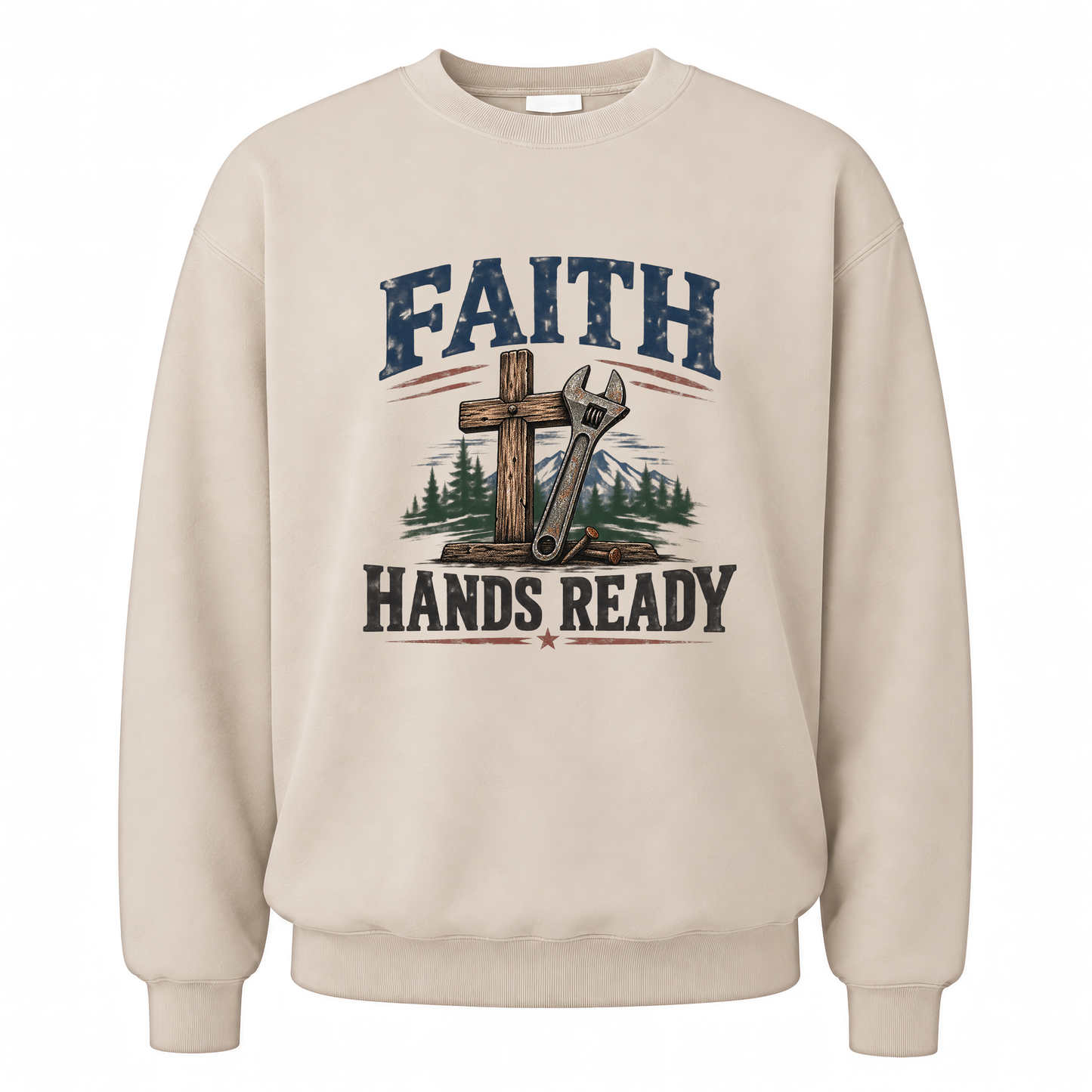 Sand vintage sweatshirt with Faith Hands Ready printed front design
