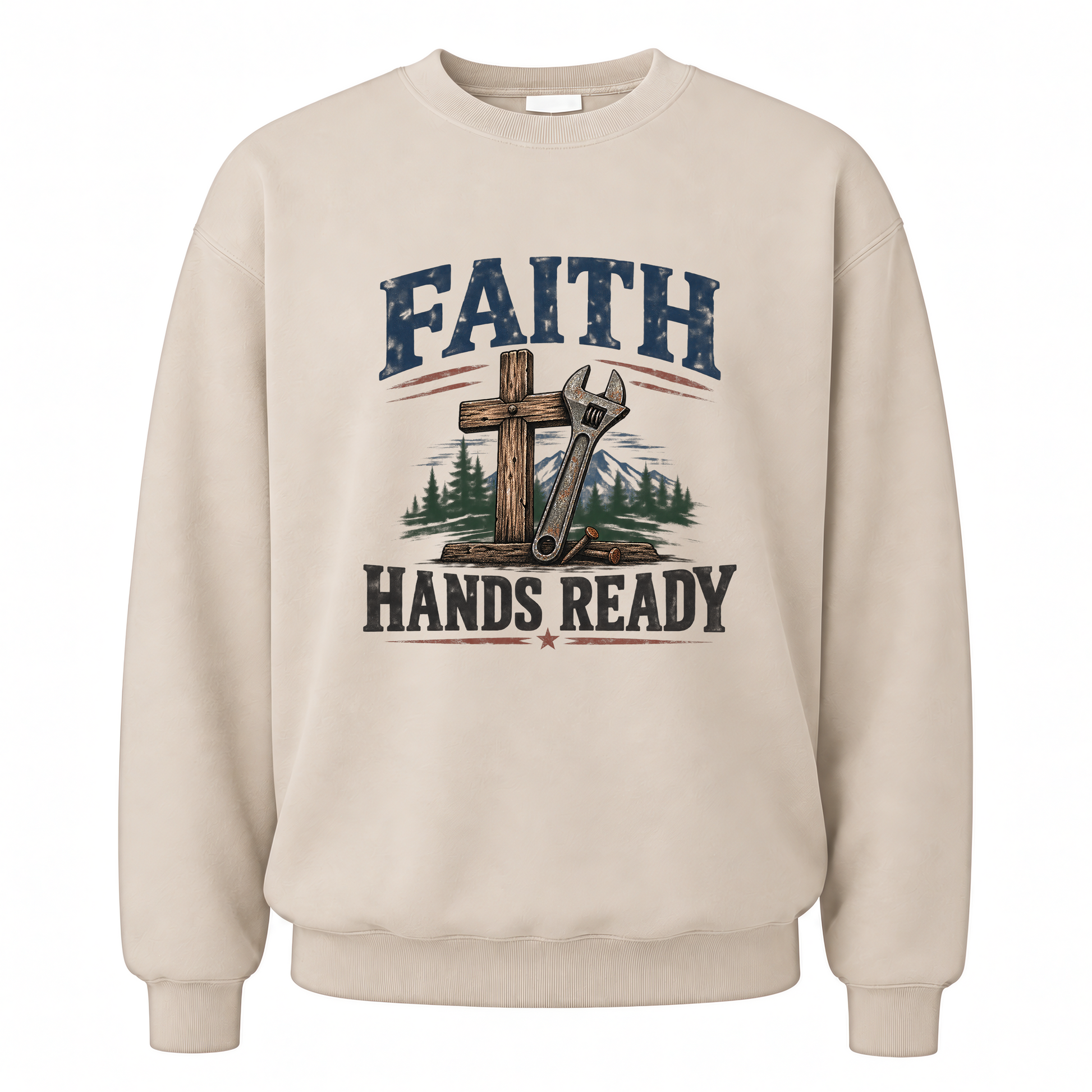 Sand vintage sweatshirt with Faith Hands Ready printed front design