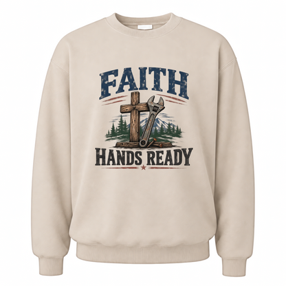 Sand vintage sweatshirt with Faith Hands Ready printed front design