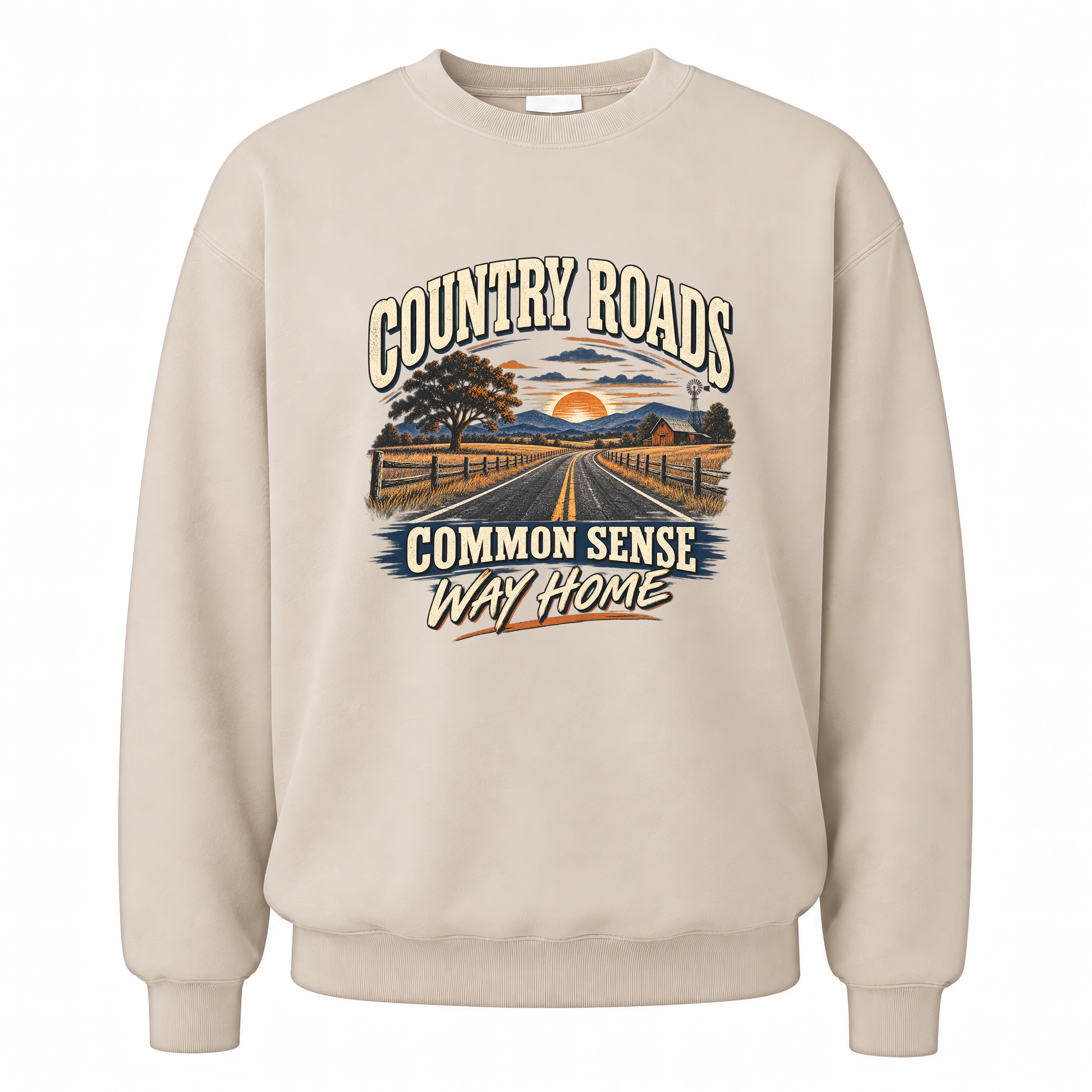 Sand vintage sweatshirt with Country Roads. Common Sense Way Home printed front design