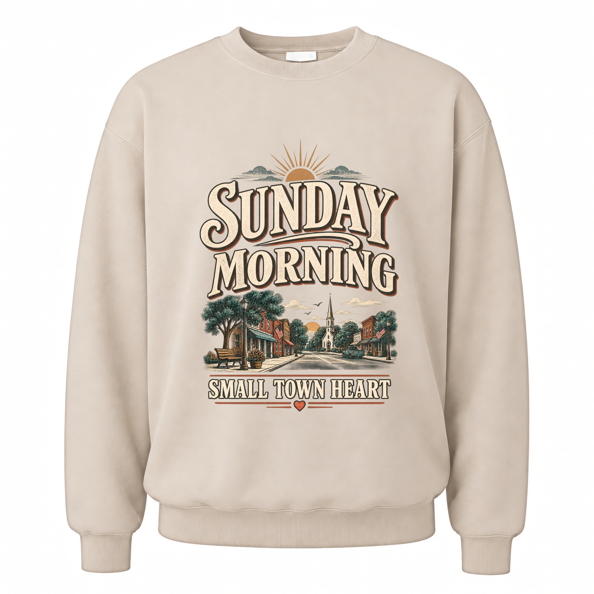 Sand vintage sweatshirt with Sunday Morning Small Town Heart printed front design