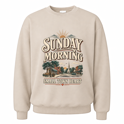 Sand vintage sweatshirt with Sunday Morning Small Town Heart printed front design