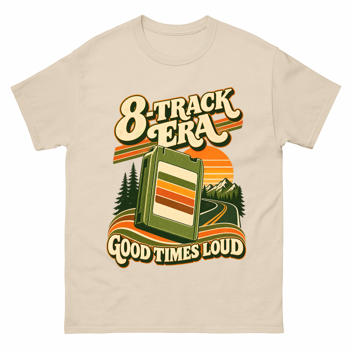 Sand vintage t-shirt with 8-Track Era Good Times Loud printed front design